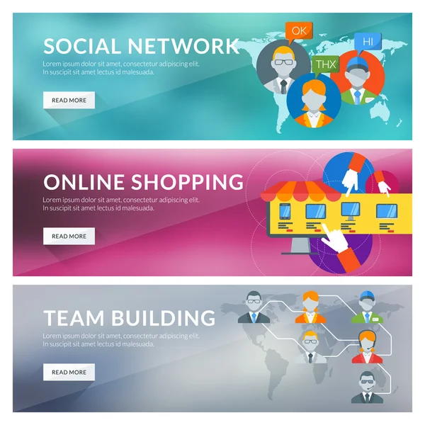 Lapos koncepció, társadalmi hálózat, online vásárlás, csapatépítés — Stock Vector