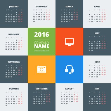Takvim 2016 vektör decign şablonu. hafta Pazartesi başlıyor