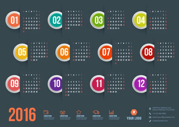 Kalender 2016 vector decign sjabloon. Week begint zondag — Stockvector