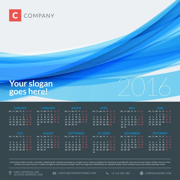 Kalender 2016 Vektor Decign Vorlage. Woche beginnt am Montag — Stockvektor