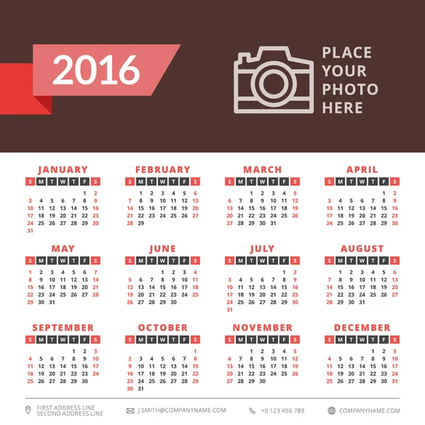 Calendrier 2016 vecteur decign modèle. La semaine commence dimanche — Image vectorielle