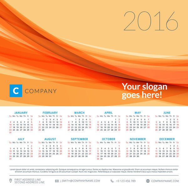 Calendar 2016 vector decign template. Week starts Sunday
