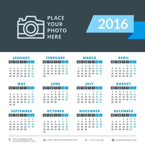 Calendar 2016 vector decign template. Week starts Monday — Stock Vector