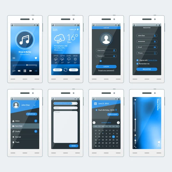Set gambar vektor smartphone modern dengan aplikasi. Templat desain rata bagi aplikasi seluler - Stok Vektor