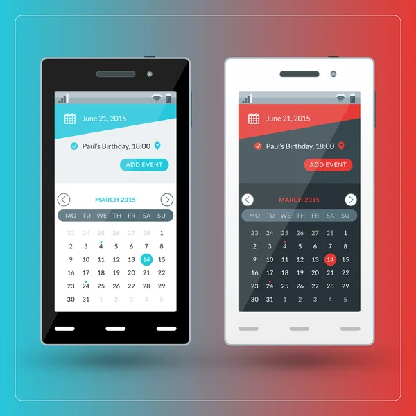 Modernes Smartphone mit Kalender-App auf dem Bildschirm. flache Design-Vorlage für mobile Apps — Stockvektor