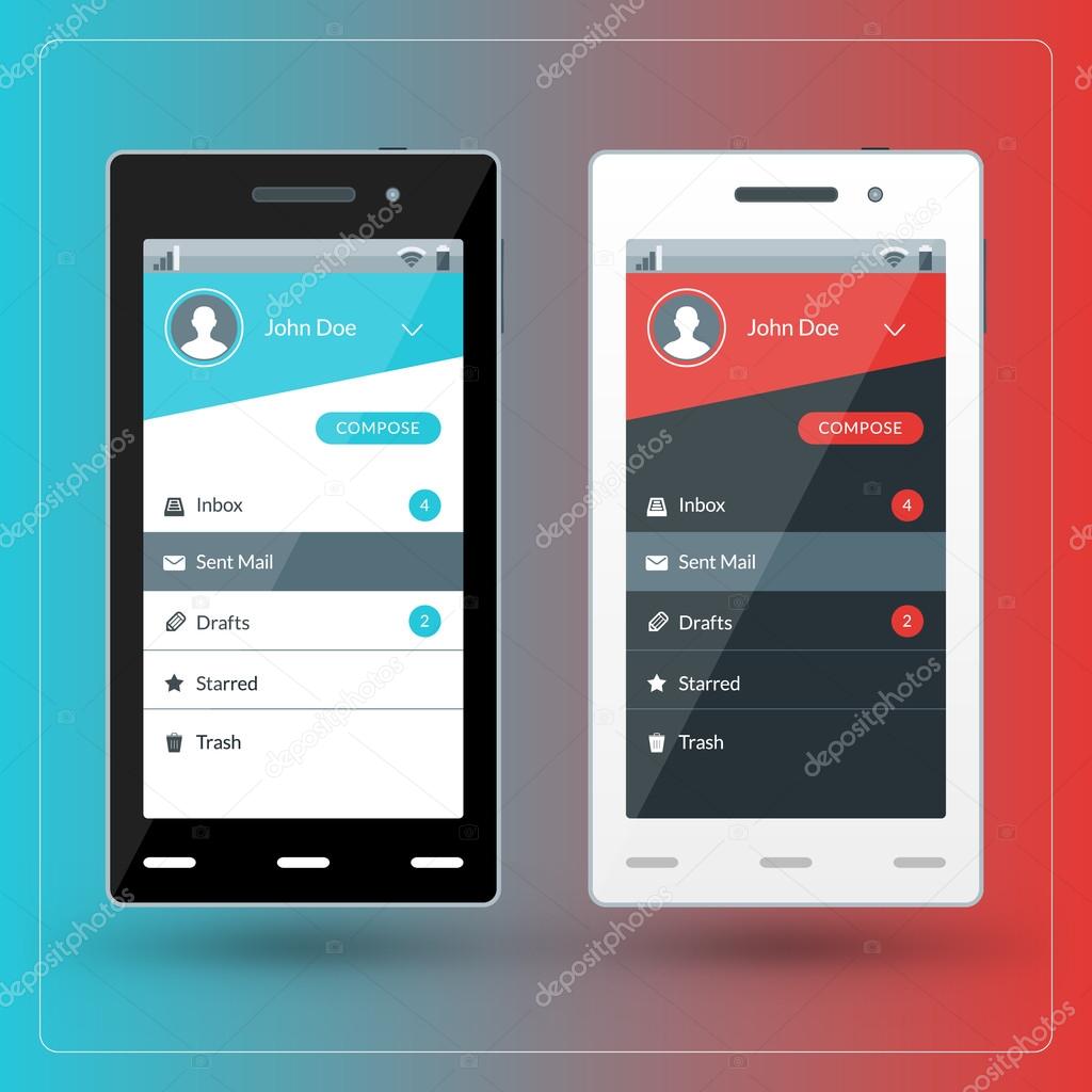 Modern smartphone with email app screen. Flat design template for mobile apps