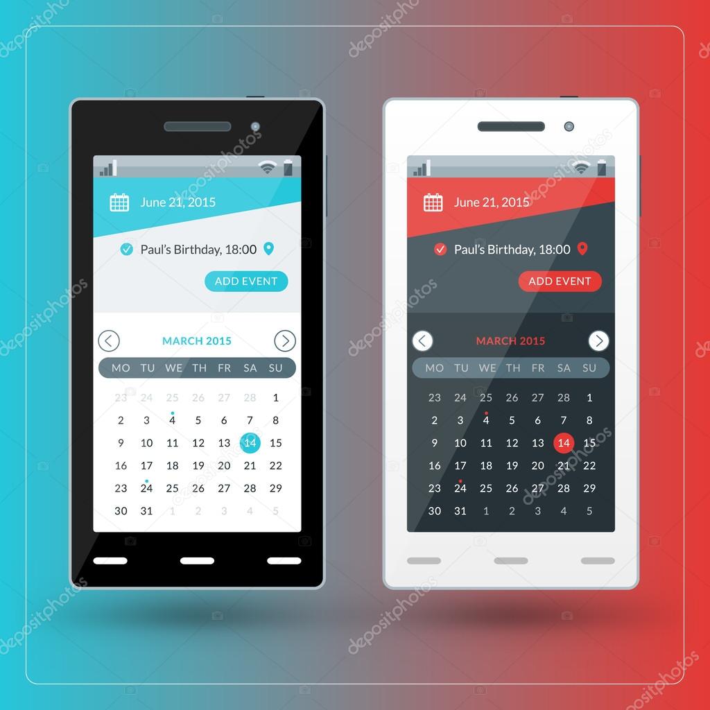 Modern smartphone with calendar app on the screen. Flat design template for mobile apps