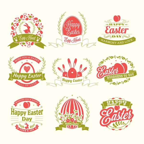Conjunto de emblemas de feriado vintage do Dia da Páscoa Feliz. Cartão ou cartaz de saudações de design vetorial — Vetor de Stock