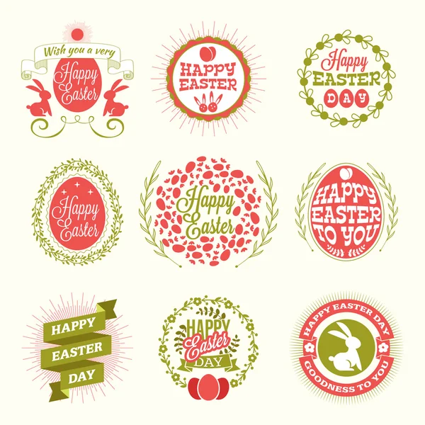 Ensemble de joyeux badges de vacances vintage du jour de Pâques. Carte de vœux ou affiche vectorielle — Image vectorielle