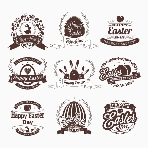 Set di distintivi per le vacanze d'epoca del giorno di Pasqua. Biglietto di auguri o poster di design vettoriale — Vettoriale Stock