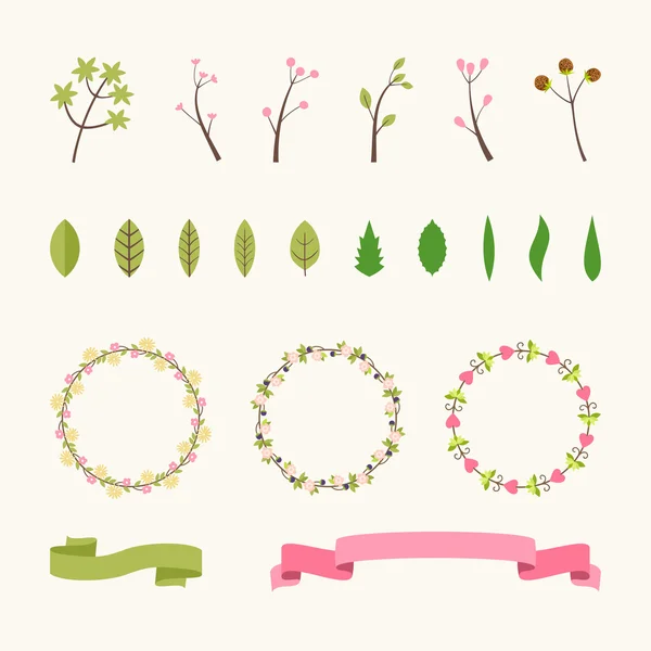 Ensemble d'éléments de design floral. Collection vectorielle avec feuilles et fleurs pour flyers et bannières d'accueil — Image vectorielle