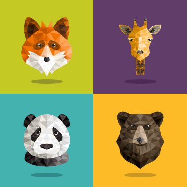 Hayvan Origami dikey, düz tasarlamak vektör kümesi. Fox, Panda, boz ayı, zürafa