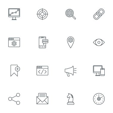 İnce çizgi Seo ve geliştirme simgeler kümesi. Vektör çizim