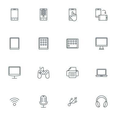 İnce çizgi Multimedya ve aygıtları simgeler kümesi. Vektör çizim