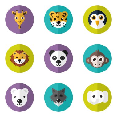 Düz tasarımı ile sevimli hayvanlar simgeler kümesi. Vektör çizim