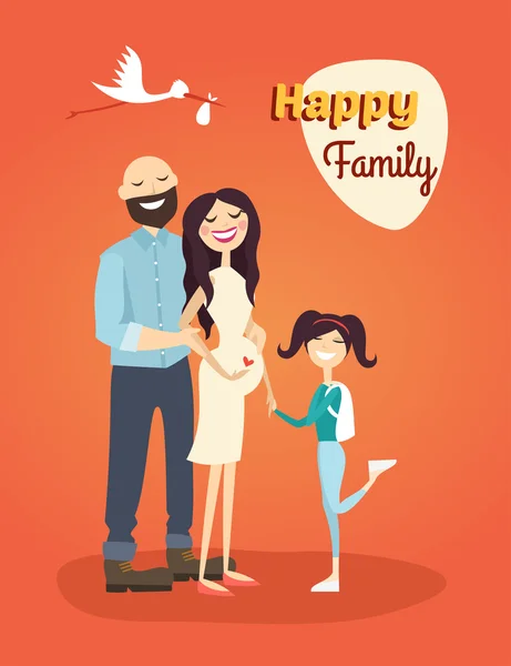 Familia feliz. Padre, madre embarazada e hija — Vector de stock