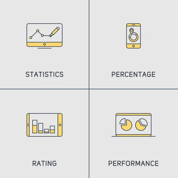 Joukko moderni vektori ohut linja kuvakkeet. Tilastot, Prosenttiosuus, Luokitus, Suorituskyky — vektorikuva