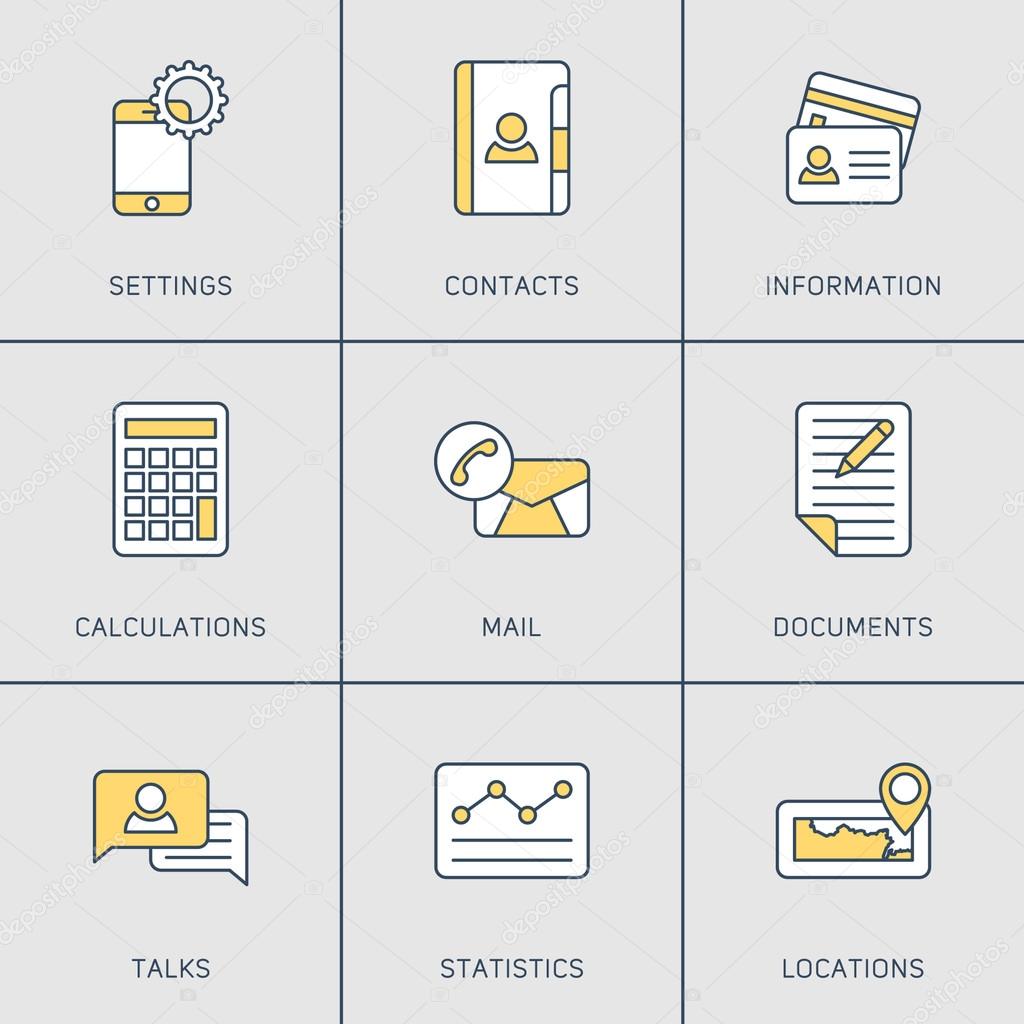 Set of Modern Vector Thin Line Icons. Settings, Contacts, Mail, Locations, Talks, Documents
