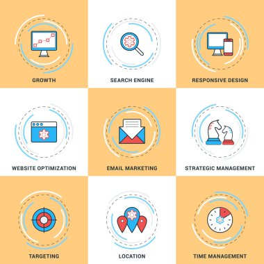 Modern vektör hat simgeler kümesi. Büyüme, arama motoru optimizasyonu, duyarlı tasarım, stratejik yönetim, e-posta pazarlama