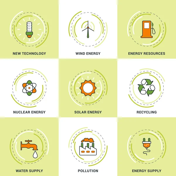 Ensemble d'icônes de ligne d'écologie vectorielle moderne. Nouvelles technologies, énergie propre, recyclage, pollution, approvisionnement en eau et en énergie — Image vectorielle