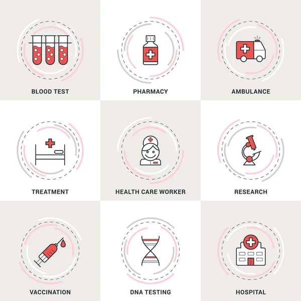 Ensemble d'icônes de ligne de médecine vectorielle moderne. Test sanguin, Ambulance, Soins de santé, Vaccination, Hôpital — Image vectorielle