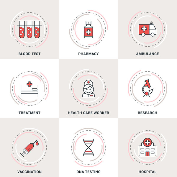 Modern Vector Medicine Line Icons Set. Blood Test, Ambulance, Healthcare, Vaccination, Hospital