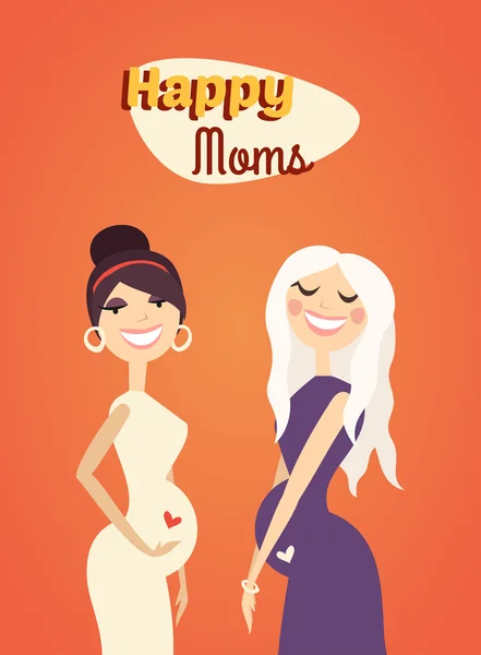 Flat Design Vector Illustration. Two Happy Moms. Young Pregnant Women with Template Text — Stock Vector