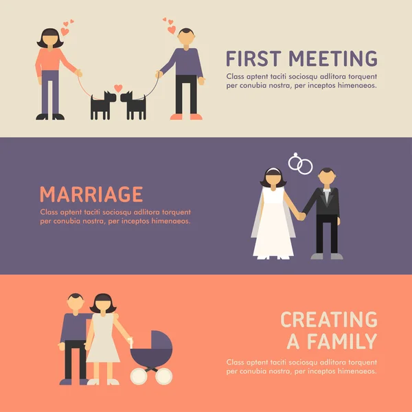 Πρώτη συνάντηση, γάμο, τη δημιουργία μιας οικογένειας. Επίπεδη σχεδίαση εικονογράφηση για τα πανό για το Διαδίκτυο — Διανυσματικό Αρχείο