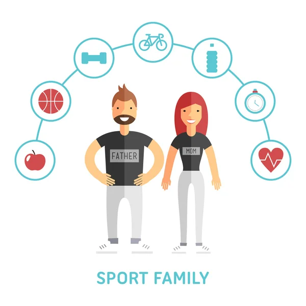 Deporte feliz y familia sana. Padre y madre. Ilustración de vectores de diseño plano con iconos — Archivo Imágenes Vectoriales