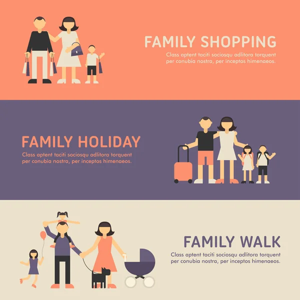 Shopping per famiglie, vacanze in famiglia e passeggiate in famiglia. Illustrazione di design piatto per banner web — Vettoriale Stock