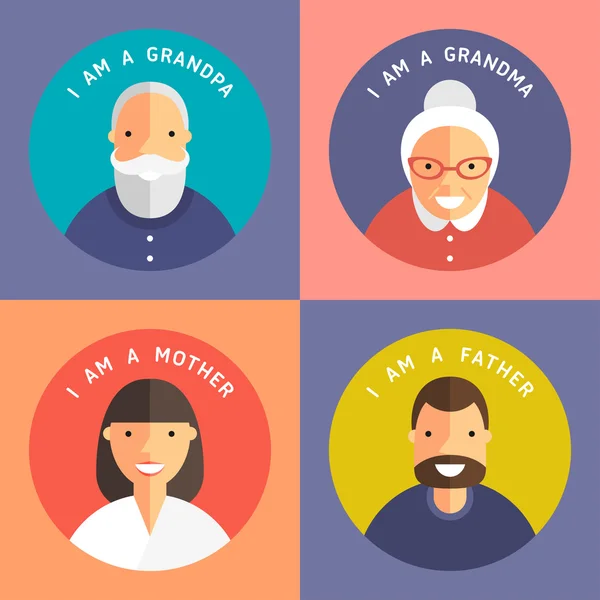 Set of Family Members Portraits. Grandpa, Grandma, Mother and Father. Flat Design Icon — Stock Vector