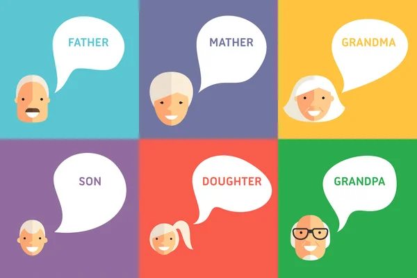 Ευτυχισμένη οικογένεια. Ο πατέρας, μητέρα, παππούς, γιαγιά, γιος και κόρη με Συννεφάκια ομιλίας — Διανυσματικό Αρχείο