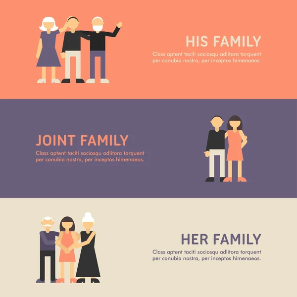 A família dele, a família comum e a família dela. Conceito de ilustração de design plano para web Banners — Vetor de Stock