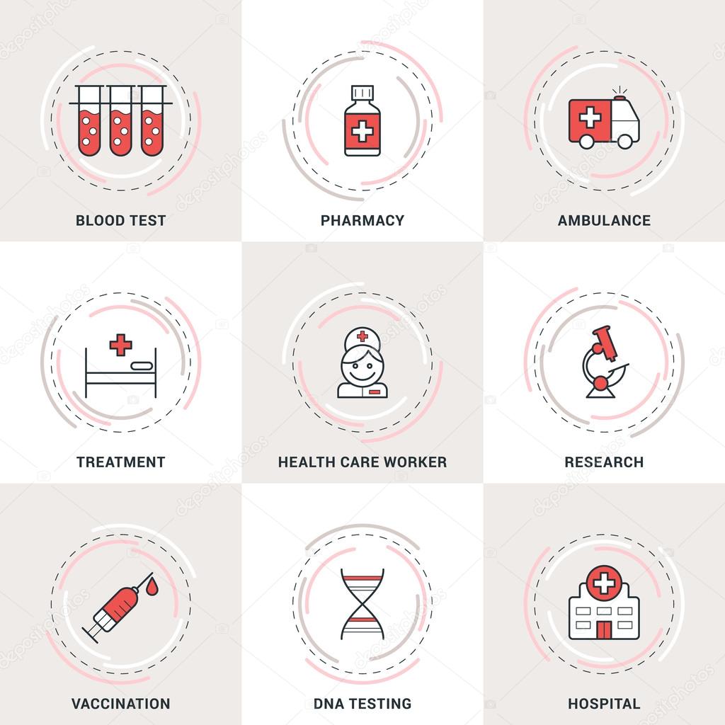 Modern Vector Medicine Line Icons Set. Blood Test, Ambulance, Healthcare, Vaccination, Hospital