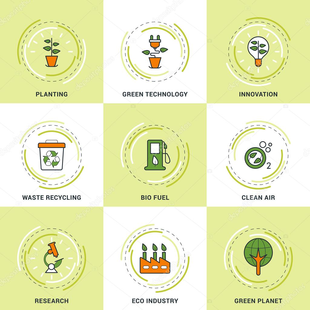 Modern Vector Ecology Line Icons Set. Planting, Research, Clean Air, Innovation, Recycling and Green Technology