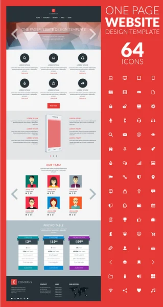 Eine Seite Website-Vektorvorlage im flachen Stil mit Icon-Set — Stockvektor