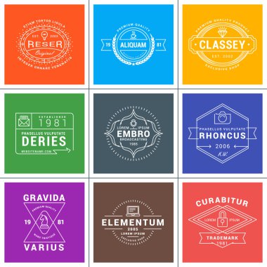 Dizi Hipster Vintage etiketleri, Logotypes, rozetleri işiniz için. İnce çizgi tasarım şablonu