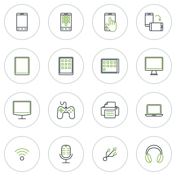 Conjunto de ícones de multimídia e dispositivos de linha fina. Ilustração vetorial — Vetor de Stock