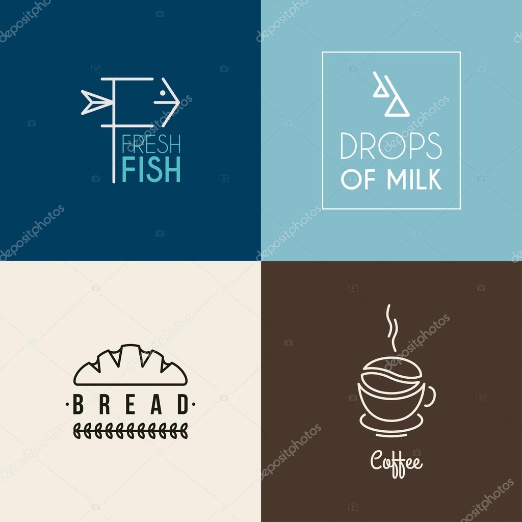 Set of Thin Line Design Logotype Templates. Fresh Fish, Drops of Milk, Bread, Coffee