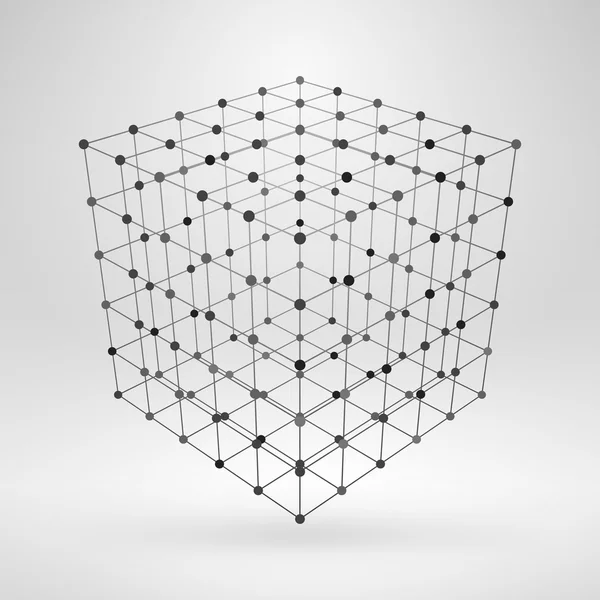 Elemento poligonale wireframe. Cubo 3D con linee e punti — Vettoriale Stock