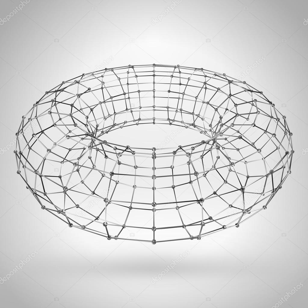 Wireframe polygonal element. 3D Torus with lines and diamonds