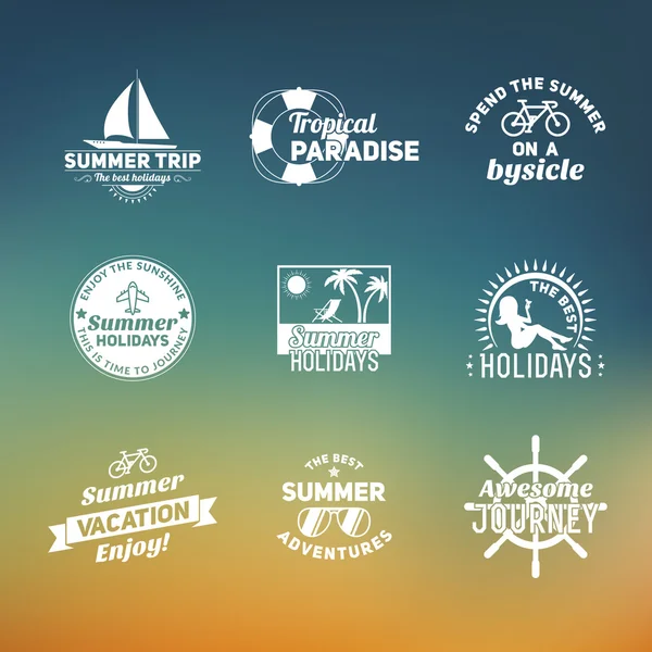 Set di elementi di design retrò estate. Ornamenti e etichette vintage, paradiso tropicale, vacanza al mare, avventura e viaggi — Vettoriale Stock