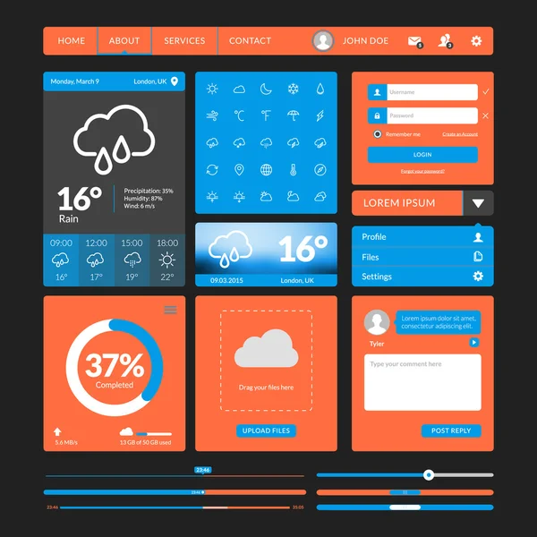 Set elemen UI desain datar untuk situs web dan aplikasi seluler - Stok Vektor