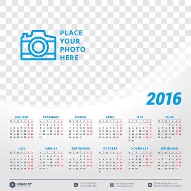 Takvim 2016 vektör tasarım şablonu. Hafta başlıyor Pazartesi