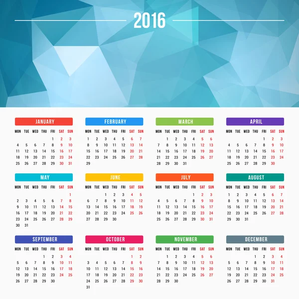 Kalendarz 2016 wektor wzór szablonu. Tydzień zaczyna się od poniedziałku — Wektor stockowy