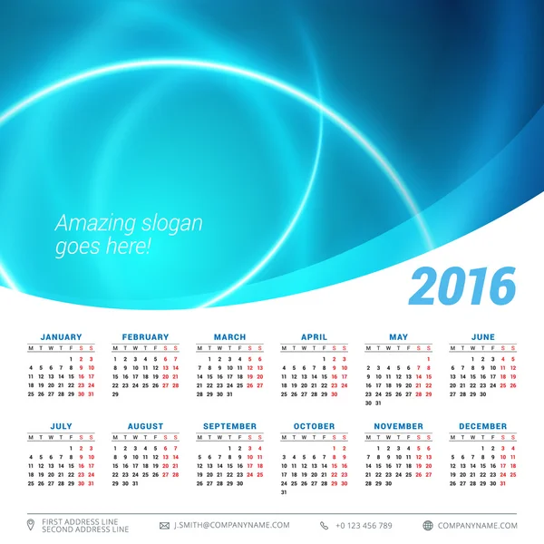 Kalender 2016 Vector ontwerpsjabloon. Week begint maandag — Stockvector