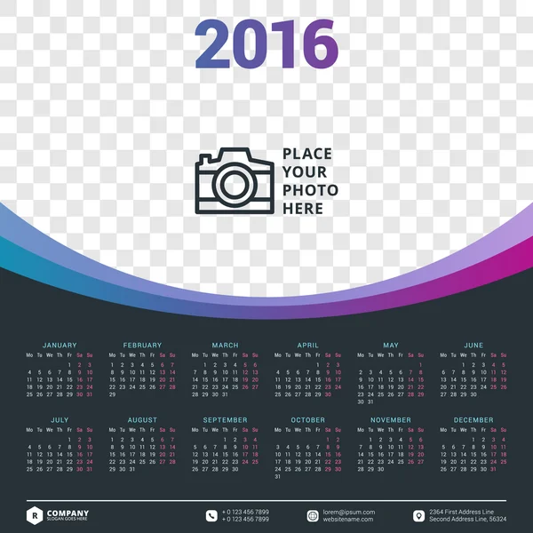 Calendario 2016 modello di progettazione vettoriale — Vettoriale Stock