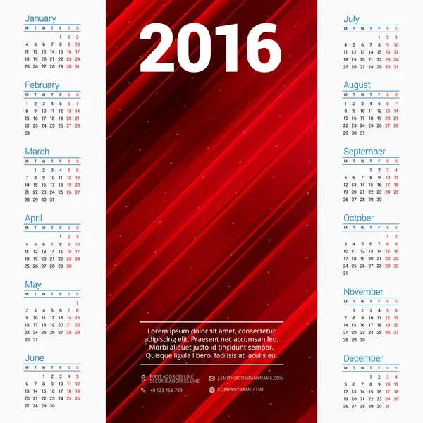Шаблон векторного дизайна календаря 2016 года. Начало недели понедельник — стоковый вектор