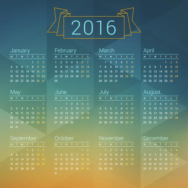 Calendrier 2016 modèle de conception vectorielle. La semaine commence lundi — Image vectorielle