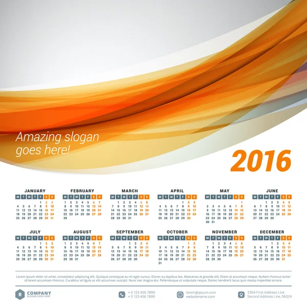 Calendar 2016 Vector Design Template. Week Starts Monday — Stock Vector